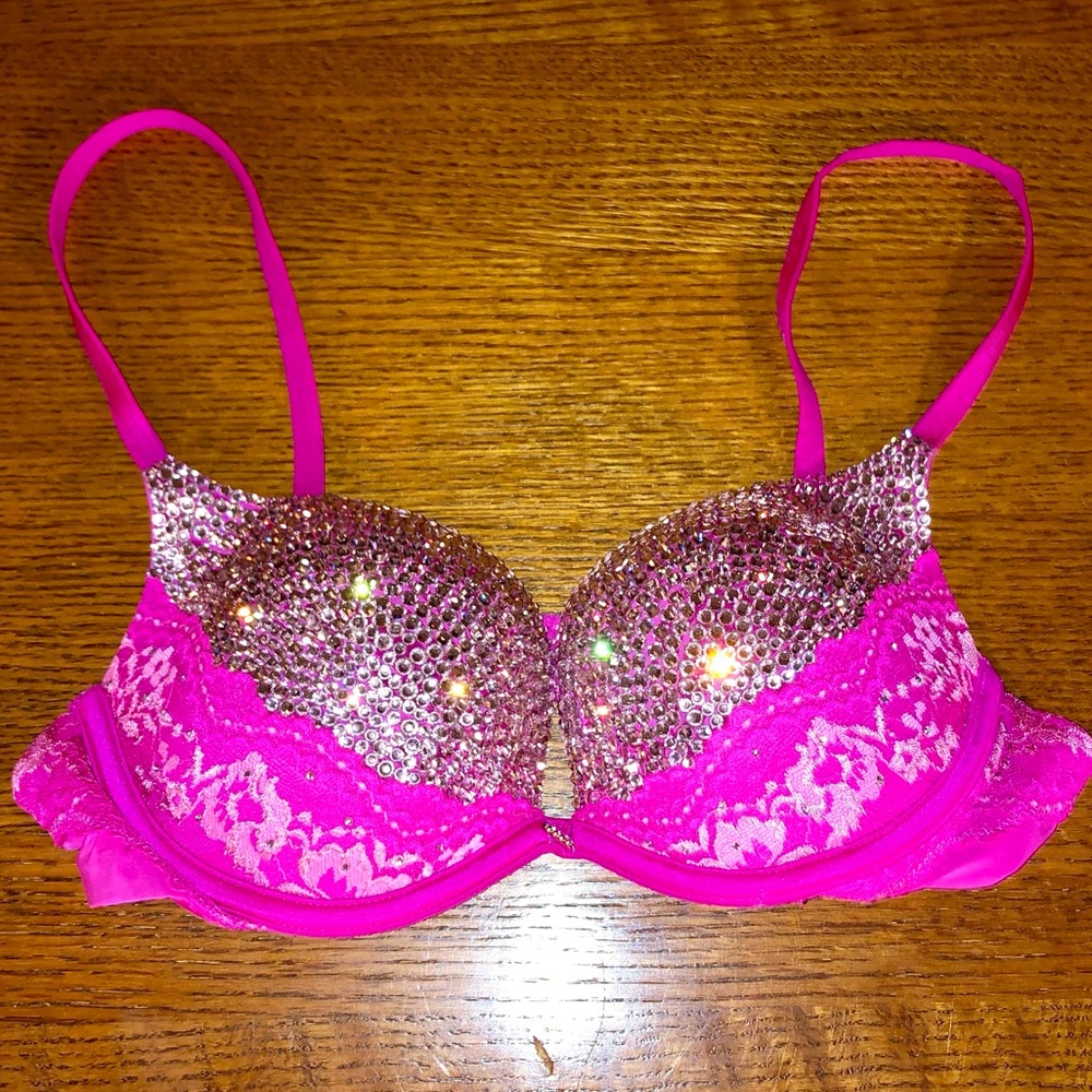 💖LIKE NEW VICTORIA SECRET CUSTOM BLING SPARKLE RHINESTONE PUSHUP PADDING 34B - Picture 1 of 10